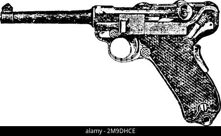 30-Caliber automatique Luger Pistol, gravure vintage. Ancienne illustration gravée d'un pistolet Luger isolé sur fond blanc. Illustration de Vecteur