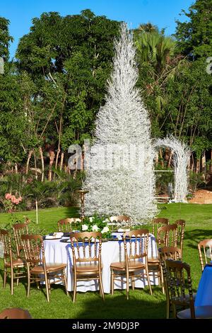 belle table de mariage avec chaises blanches et fleurs Banque D'Images