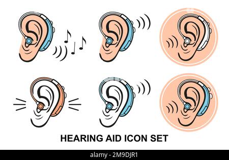 Prothèse auditive auditive pour sourds, malentendants, appareil auditif médical pour écouter le son, améliorer la perception du son humain ensemble d'icônes. Problème de surdité. Vecteur Illustration de Vecteur