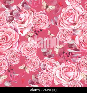 motif sans couture de roses, papillons, rubans et coeurs sur fond magenta. Illustration aquarelle. Banque D'Images