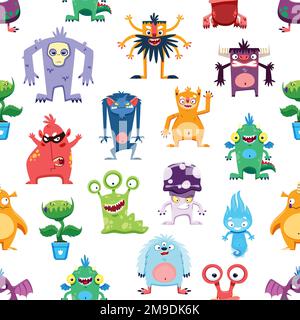 Motif sans coutures personnages de dessin animé monstre. Arrière-plan de personnages monstres mignons. Imprimé textile avec taureau en colère, escargot extraterrestre à trois yeux et plante prédateur, champignon maléfique, bête duveteuse et yeti zombie Illustration de Vecteur