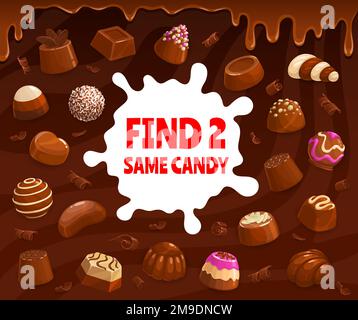 La praline et le caramel au chocolat, la sucrerie, la truffe et la gelée, les bonbons aux noisettes et la confiserie au bonbon trouvent deux sucreries identiques. Feuille de travail de jeu Vector pour enfants avec dessin animé Choco desserts sucrées pour enfants énigme Illustration de Vecteur