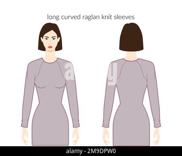 Manches courtes raglan manches longues vêtements femme robes, hauts, chemises illustration technique de la mode avec corps ajusté. Modèle de vêtements plats à l'avant et à l'arrière. Femmes, hommes unisex CAD maquette Illustration de Vecteur