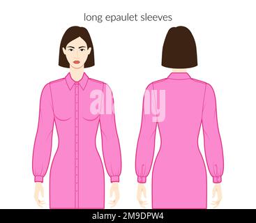 Homme chemise Epaulette manches avec manchette vêtements longs robes, hauts, chemises illustration technique de la mode avec corps ajusté. Modèle de vêtements plats à l'avant et à l'arrière. Femmes, hommes unisex CAD maquette Illustration de Vecteur