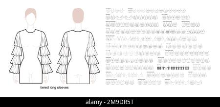 Jeu de manches : longues, courtes, bouffantes, tricotées, circulaires, kimono, côtelé, dos à l'épaule, cloche d'auvent, vêtements dolman illustration technique de la mode. Modèle de vêtements plats à l'avant et à l'arrière. Femmes, hommes CAD Illustration de Vecteur