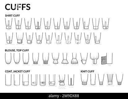 Ensemble de manchettes à manches types de vêtements - chemise, tricot, manteau, veste, haut, chemisier illustration technique de la mode. Modèle de gros plan pour vêtements plats sur les côtés arrière. Femmes, hommes unisex CAD maquette Illustration de Vecteur