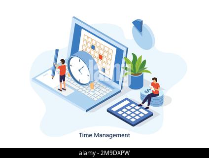 Bannière de gestion du temps avec caractère et texte. Peut être utilisé pour les bannières Web, les infographies et les images de héros. Illustration vectorielle isométrique plate Illustration de Vecteur