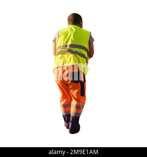 Les travailleurs peignent des marquages sur la route en attendant les voitures de circulation, isolées sur un fond blanc Banque D'Images