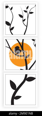 Silhouette d'arbre et d'oiseau au coucher du soleil, design minimaliste d'affiche en trois pièces, vecteur. Illustration oiseau sur branche isolée sur fond blanc Illustration de Vecteur