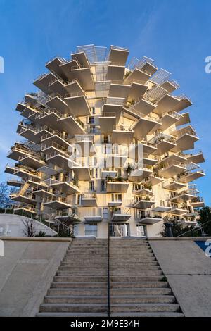 Montpellier, France - 01 12 2023 : vue à angle bas du célèbre monument arbre blanc ou arbre blanc à l'architecture futuriste de Sou Fujimoto Banque D'Images