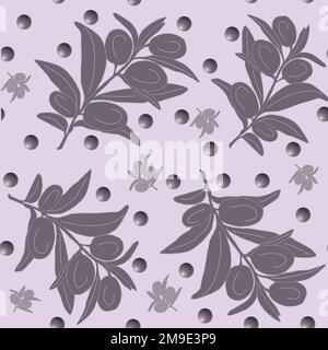 Motif monochrome sans couture avec olives sur la branche. Illustration floral botanique JPEG . Banque D'Images