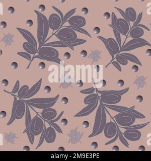 Motif monochrome sans couture avec olives sur la branche. Illustration floral botanique JPEG . Banque D'Images