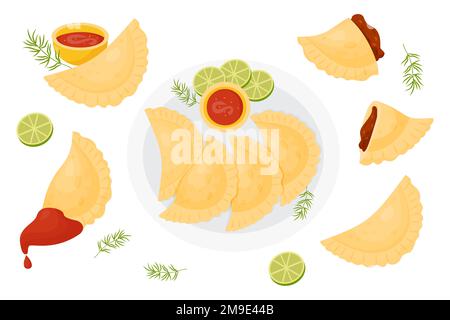 Empanadas mexicaines. Collection d'Empanadas traditionnelles sur plaque avec sauce et tranches de lime, entières dans la sauce et en demi avec garniture de viande. Vue de abo Illustration de Vecteur