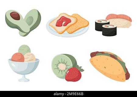 set alimentaire tacos kiwi et crème glacée à la fraise toast avec confiture avocat et sushi Illustration de Vecteur