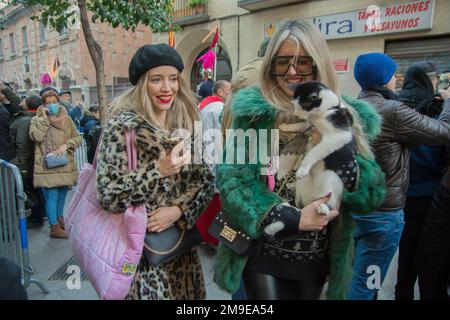 Madrid, Madrid, Espagne. 17th janvier 2023. Les prêtres d'une église de Madrid ont béni les animaux de compagnie lors d'un festival célébrant Saint Anthony, le Saint patron des animaux. Les images capturées sur 17 janvier montrent que les habitants emportant leurs chats et leurs chiens à l'église pour célébrer la fête de Saint Antoine l'Abbé. (Credit image: © Alberto Sibaja/Pacific Press via ZUMA Press Wire) USAGE ÉDITORIAL SEULEMENT! Non destiné À un usage commercial ! Banque D'Images