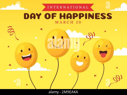 Célébration de la Journée mondiale du bonheur Illustration avec expression de visage souriant jaune pour bannière Web ou page de renvoi en dessin animé à la main Illustration de Vecteur