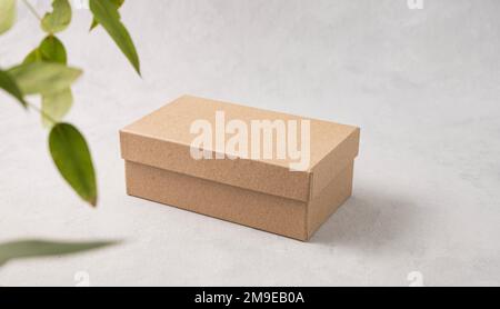 Boîte artisanale sur fond texturé gris avec branche. Le concept d'emballage écologique et zéro déchet. Espace de copie et de maquette. Banque D'Images