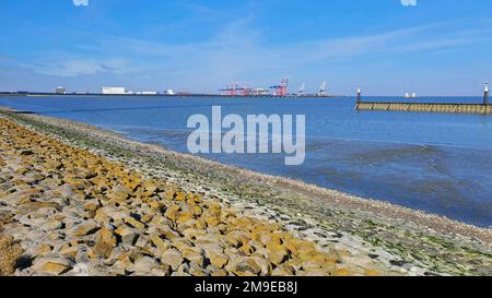 Terminal à conteneurs Jade-Weser-Port, Port en eaux profondes Jade-Weser-Port, terminal GNL, terminal de gaz naturel liquéfié, Voslapper Groden, Wilhelmshaven Banque D'Images