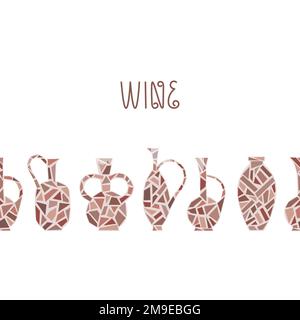 Récipients traditionnels en argile géorgienne, cruches, Qvevri. Bordure vectorielle avec vin lettrage. Illustration de Vecteur
