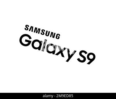 Samsung Galaxy S9, logo pivoté, arrière-plan blanc B Banque D'Images