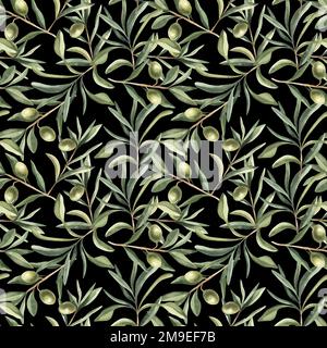 Motif sans couture avec branches d'olive vertes. Arrière-plan aquarelle élégant. Banque D'Images