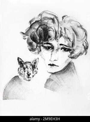 Portrait de Colette (Sidonie-Gabrielle (Sidonie Gabrielle) Colette) ecrivain 1873 - 1954 avec son chat / dessin de Ewa Klos Banque D'Images