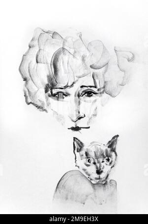 Portrait de Colette (Sidonie-Gabrielle (Sidonie Gabrielle) Colette) ecrivain 1873 - 1954 avec son chat / dessin de Ewa Klos Banque D'Images