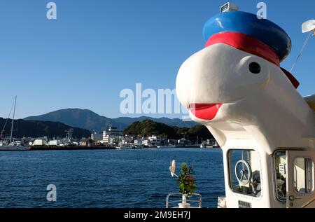 Kii-Katsuura, Japon - 3 janvier 2023 : un ferry en forme de tortue transporte des passagers vers une île près de la côte de Kii-Katsuura. Banque D'Images