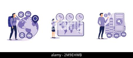 Le tourisme international. Voyages internationaux, fuseaux horaires, service de location de voiture, agence de voyages, chaîne de villégiature, décalage horaire. set flat vector modern illust Illustration de Vecteur