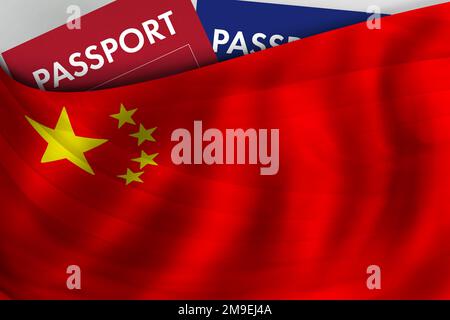 Drapeau chinois de fond et passeport de la Chine. Citoyenneté, immigration légale officielle, visa, affaires et voyages. Banque D'Images