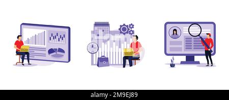 Gestion d'entreprise. Logiciel de gestion de l'innovation, système de suivi du temps et de la présence, logiciel RH, suivi du temps de travail. définir le vecteur plat moderne il Illustration de Vecteur