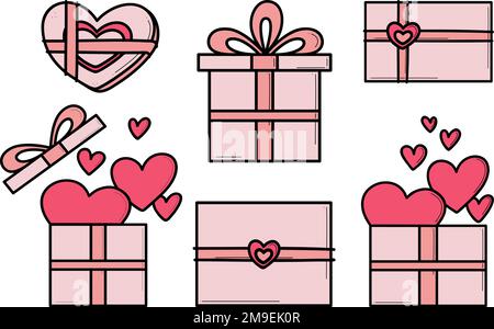 Icônes dessinées à la main cadeaux avec des coeurs dans le style Doodle. Ensemble de boîtes de présentation de dessin animé avec noeuds. Forfait cadeau avec amour pour la Saint-Valentin, anniversaire, mariage, anniversaire. Illustration de Vecteur