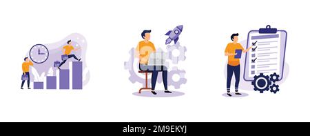 Performances des employés et auto-organisation. Gestion du temps et de l'autonomie, productivité, logiciel de motivation, planification efficace de l'emploi. définir le mode vectoriel plat Illustration de Vecteur