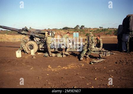 Profil du côté gauche tir moyen d'un Howitzer US Marine M198 155mm en tant que cannoneers marins de la Compagnie Lima, 3rd Bataillon, 12th Marines, de Camp Hansen, Okinawa, Le Japon, a mis en place le Howitzer avant de pouvoir tirer au cours de l'un des exercices d'entraînement à la séance de déplacement de l'Artillerie à Ojojihara, Japon. Sujet opération/série: OJOJIHARA base DE TIR DE RELOCALISATION D'ARTILLERIE: Ojojihara base Camp pays: Japon (JPN) Banque D'Images