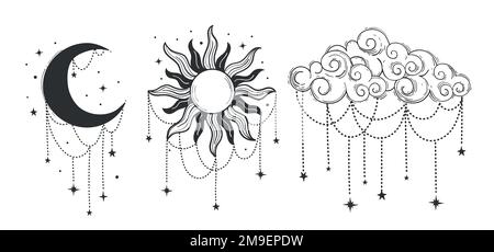 Soleil, lune et nuage, ensemble d'éléments mystiques pour boho, astrologie, zodiaque. Symboles célestes magiques, tatouage de ligne, illustration vectorielle isolée sur blanc Illustration de Vecteur