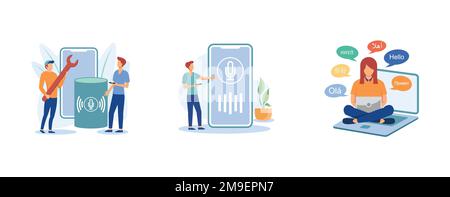 Assistant vocal. Développement d'applications pour haut-parleurs intelligents, commande vocale, traduction de langue, technologie logicielle de reconnaissance vocale. définir un vecteur plat moderne i. Illustration de Vecteur