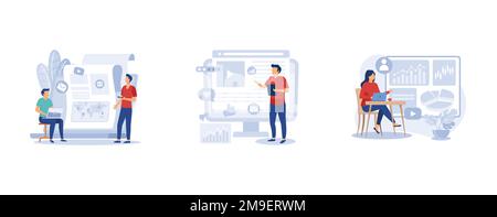 Stratégie SMM. Marketing de contenu, surveillance des réseaux sociaux, tableau de bord des médias sociaux, marketing numérique, engagement des utilisateurs. définir l'illustration moderne du vecteur plat Illustration de Vecteur