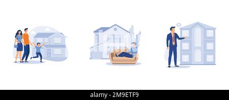 Marché immobilier. Maison familiale, résidence privée, condominium, prêt hypothécaire, acompte, propriété foncière, maison individuelle. définir un vecteur plat moderne i. Illustration de Vecteur