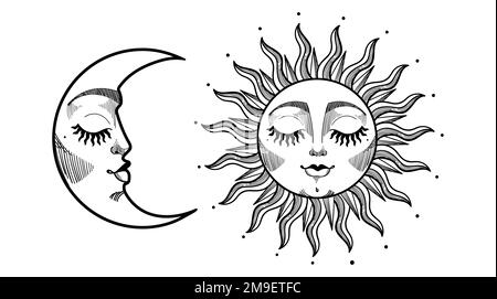 Beau soleil et croissant de lune avec visage, tatouage boho vintage, symboles mystiques de l'astrologie, zodiaque, ésotéricisme. Illustration de dessin vectoriel isola Illustration de Vecteur