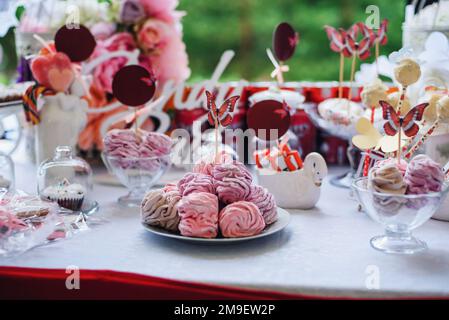 bar à bonbons rose et blanc avec guimauves et petits gâteaux décorés de fleurs et de papillons Banque D'Images