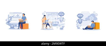 Logiciel basé sur ai. Architecture d'automatisation ouverte, automatisation des processus robotisés, intelligence artificielle dans le cloud. définir l'illustration moderne à vecteur plat Illustration de Vecteur