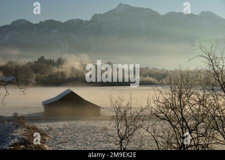 Cabane en bois en hiver dans les Alpes Banque D'Images