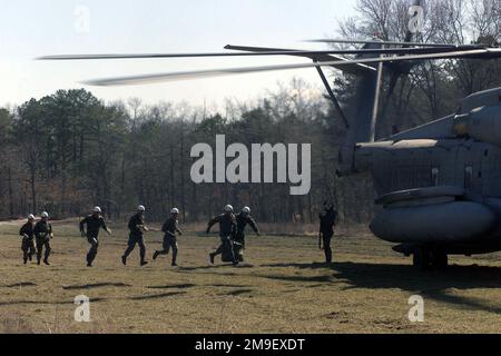 Vue de face droite vue moyenne alors que le CH-53 de la Marine américaine 'Super Sea Stallion', de la base aérienne navale de HMH 772nd, Pennsylvanie, attend qu'une équipe de corde rapide court à l'avion pour leur vol, dimanche, 5 mars 2000. L'équipe composée de membres de l'élimination des explosifs d'artillerie est déployée au Air Mobility Warfare Centre, fort dix, New Jersey, pour le Phoenix Readiness combat course. Objet opération/série : PHOENIX READINESS base : fort dix État : New Jersey (NJ) pays : États-Unis d'Amérique (USA) Banque D'Images