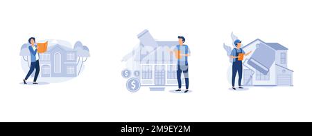 Acheter la maison de famille. Maison individuelle et de vente aux enchères, rénovation de maison, rénovation résidentielle et commerciale de propriétés, liste de maisons. définir un vecteur plat moderne i. Illustration de Vecteur