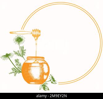 Illustration de la couronne de miel et de Marguerite dessinée à la main. Clipart rétro détaillé en couleur. Cadre de dessin vintage pour les étiquettes, l'emballage et les cartes. Il Banque D'Images