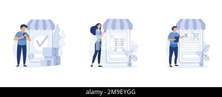 Système de suivi de colis, achats numériques, jeu d'icônes de distribution d'achats en ligne. Commande expédiée, commande fermée, commande annulée métaphores. définir une vect plate Illustration de Vecteur