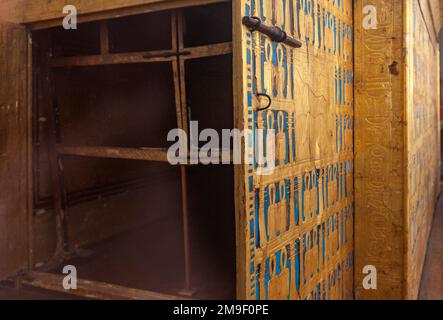 Détail du sarcophage extérieur de Toutankhamon, Musée des Antiquités égyptiennes, le Caire Banque D'Images