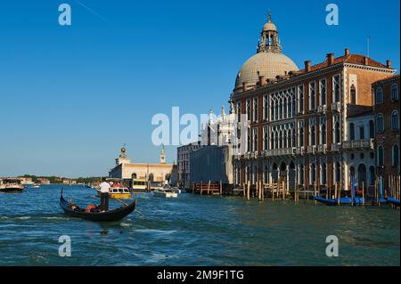 Vue d'un gondolier en rame sur sa télécabine dans le Grand Canal vénitien avec la basilique notre-Dame de la Santé sur votre droite, Venise, Italie Banque D'Images