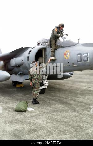 Vue du côté droit vue de face moyenne prise de vue alors que le lieutenant-colonel John Davis (commandant VMA 223) descend de son Harrier AV-8B avec l'aide du sergent technique Jeff McCoy de l'escadron de soutien opérationnel 65th à Lajes Field, Açores, Portugal. Les Marines de VMA 223, d'Ewa Oahu, Hawaii migre Lajes en route vers la Grèce. Base: Lajes Field État: Açores pays: Portugal (PRT) Banque D'Images