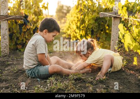 Deux enfants qui creusent dans le sol. Bonne journée en famille. Nature du jardin. Petit jardin. Nature verte. Banque D'Images